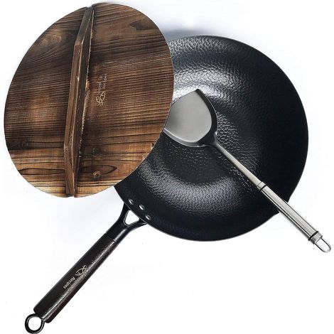 Wok en acier au carbone pour cuisinières électriques, à induction et à gaz (couvercle, spatule et guide d'utilisation vidéo inclus) (1/5)