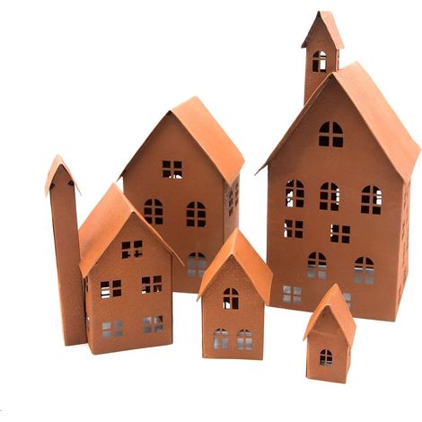 Lot de 5 Maisons Lumineuses en métal pour Jardin, terrasse, Balcon, Maison (Rouille) (1/4)