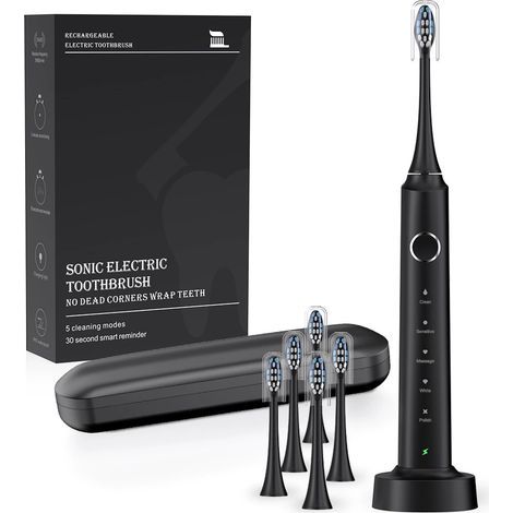 Brosse à dents électrique pour adulte - Brosse à dents sonique avec 3 types de 6 têtes de brosse, 5 modes, rechargeable et minuterie intelligente intégrée, chargement sans fil, niveau (1/5)