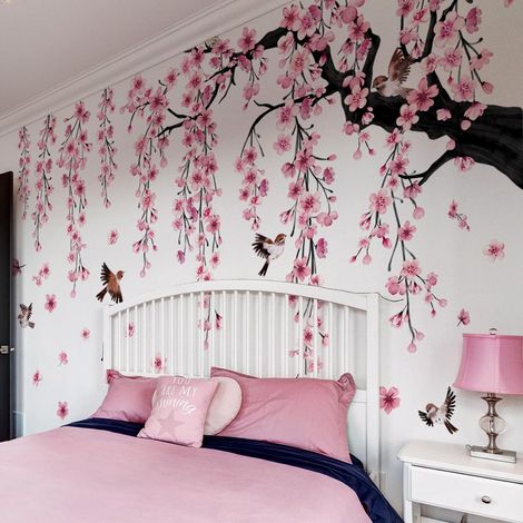 Grands autocollants muraux motif cerisier en fleurs roses pour salon, chambre à coucher, chambre d'enfant (1/4)