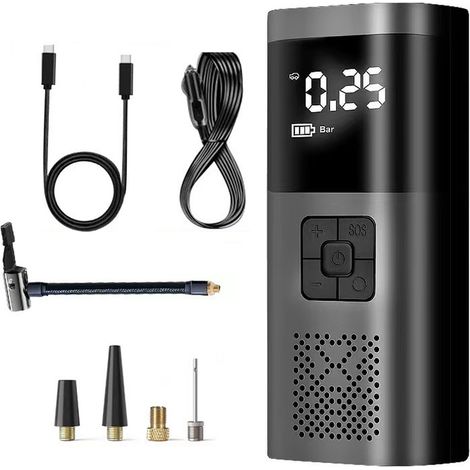Compresseur d'air portable pour pneus de voiture, pompe à pneus avec manomètre numérique, arrêt automatique, double écran LCD, batterie rechargeable et sans fil. (1/5)