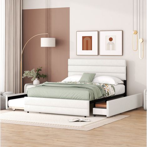 Lit 140x200 avec tiroirs et lit gigogne beige HAVRYA (1/5)