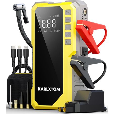 Booster Batterie Voiture avec 190 PSI Gonfleur, 12V Voiture Tous Gaz ou 10L Diesel Écran LCD, 500LM Eclairage de Secours, Banque d'alimentation (1/5)
