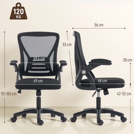 Chaise bureau ergonomique maille accoudoirs relevables hauteur réglable 59,5x56x103cm, noir (1/4)
