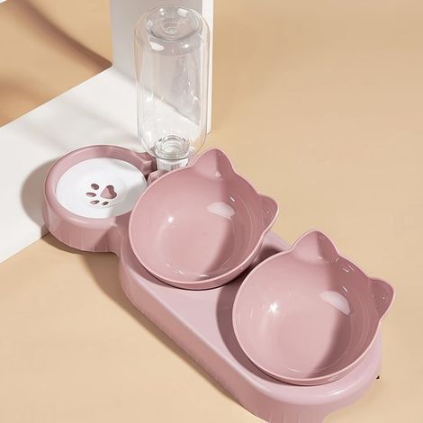 Comedero apto para mascotas con dispensador de agua, con botella de agua de alimentación por gravedad para proteger el cuello (rosa) (1/5)