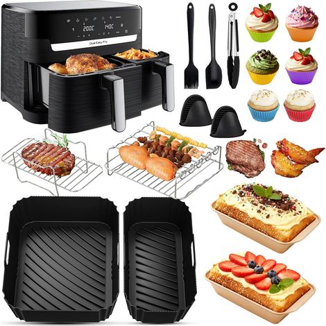 Moulinex Easy Fry Dual Air Fryer Accessories 8.3L (5.2/3.1L) 17 Pcs with Air Fryer Silicone Mould, Rack Racks, Cake Mould, Bread Mould for Moulinex – EZ901820