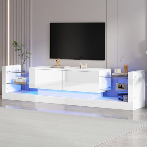 Meuble TV laqué LED - 181x38x38cm - Banc TV haute brillance avec façades en verre et 2 portes abattantes - Moderne - Blanc (1/5)