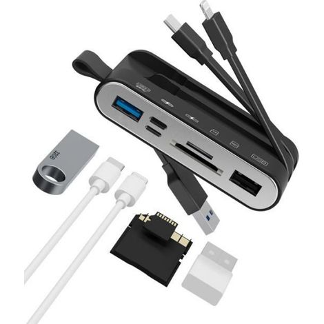 Lecteur de Carte SD,Lecteur Carte SD 6-en-1 pour iPhone/iPad, appareils USB-C et USB-A - Prend en Charge SDHC/SDXC/MMC