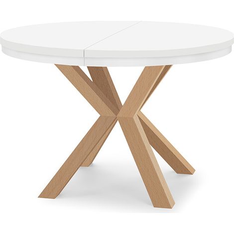 Table à manger ronde extensible RAL avec cerclage métallique, style loft, industriel, diamètre : 100 / 150 cm, couleur : blanc / naturel