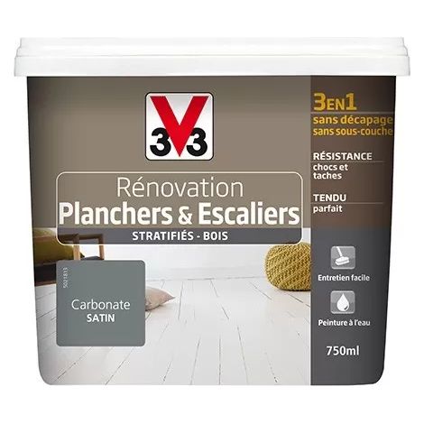 V33 – Peinture rénovation pour planchers et escaliers stratifiés – Aspect satin – 0,75 L – Application directe sur bois brut (1/3)