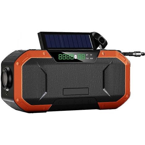 Radio solaire d'urgence à manivelle avec batterie externe 5000 mAh, haut-parleur Bluetooth, lampe torche LED et alerte SOS. Radio FM/AM d'extérieur. (1/5)
