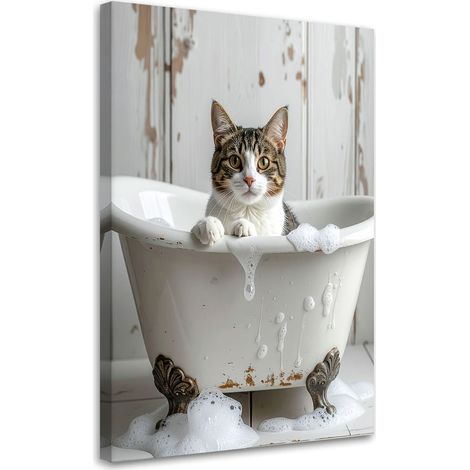 Tableau déco Chat assis dans une baignoire remplie de mousse beige 60x90 (1/4)
