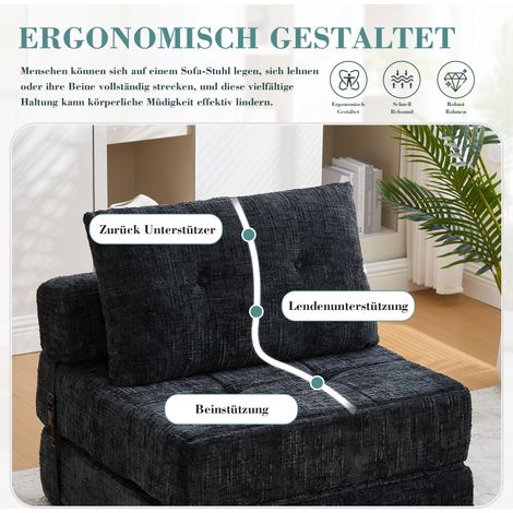 Canapé-lit pliable en tissu chenille noir avec coussins, matelas rabattable, canapé confortable pour salon et chambre (1/5)