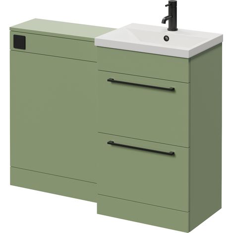 Napoli 390 Cento Olive Green 1100mm 2 Drawer Vanity Unit Toilet Suite with Glide Basin - 1100mm - Matt Black 320mm HandleWithout Kingston Toilet Pan
