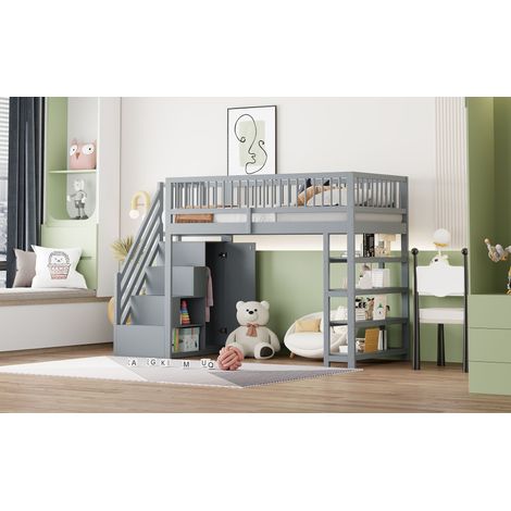 Lit mezzanine 90x200, design de sécurité avec garde-corps, armoire, étagères et rangement, échelle d’accès sécurisée, lit multifonction en bois massif, gris. (1/5)