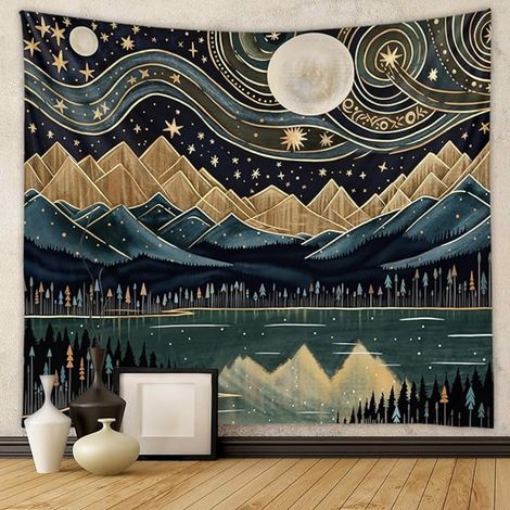 BEBUSINGOTO Wandteppich mit Bergwald, böhmische Landschaft, Mond, Sterne, Baum, Wandbehang, Wandteppich für Schlafzimmer, Wohnzimmer, Klassenzimmer, Wohnheim (100 x 150 cm)