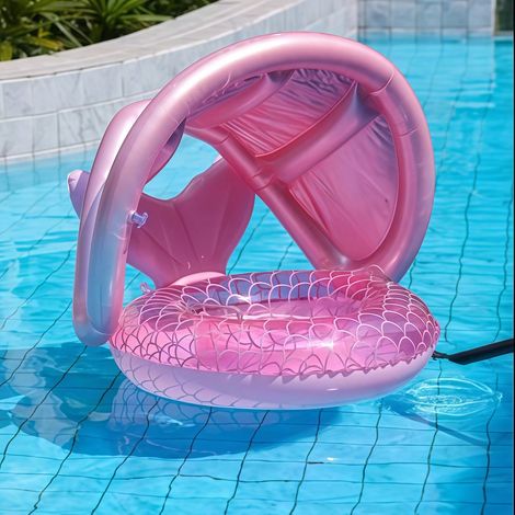 1 Anneau de natation gonflable pour enfants d'été, Flotteur queue de sirène rose avec siège gonflable pare-soleil, pour plage & piscine (1/5)