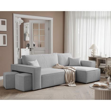 Ecksofa Schlafsofa Sofa ADARA inkl. Hocker Stoff Poso Hellgrau Ottomane Rechts