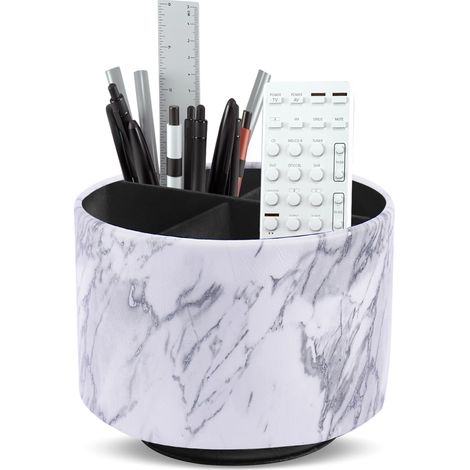 Porte-stylo rond en cuir, rotatif à 360°, pour table de chevet, télécommande TV, organiseur de bureau pour stylos, fournitures de bureau, boîte de rangement (1 marbre blanc argenté) (1/5)