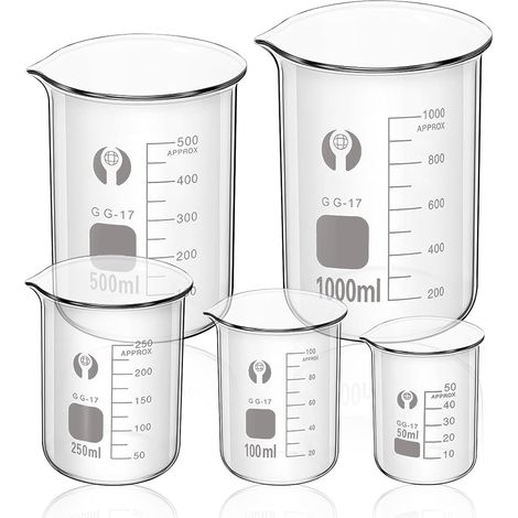 Lot de 5 verres gradués en verre borosilicate - 50 ml, 100 ml, 250 ml, 500 ml, 1000 ml - Pour laboratoire, salle de classe, usage domestique (1/5)