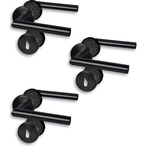 Garniture de porte à rosace I Lot de 3 ferrures de porte en acier inoxydable noir pour 3 portes de chambre avec trou de serrure à garniture, cliprosette Ø 52 mm, poignée de porte (1/3)