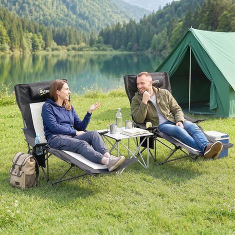 Conjunto de 2 Sillas Plegables Camping Reclinables con Reposapiés Desmontable Reposacabezas Portavasos y Bolsa Negro (1/5)