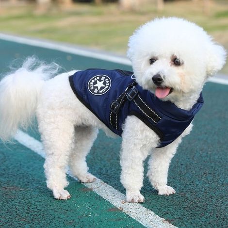 Cappotto per cani con pettorina integrata, cappotto invernale per cani di piccola, media e grande taglia, con strisce riflettenti, lavabile in lavatrice, blu. (1/5)