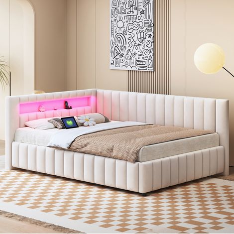 Schlafsofa Samtstoff Beige 140x200 cm, L-Form mit Lattenrost, LED-Lichtstreifen und USB-Anschluss (1/5)