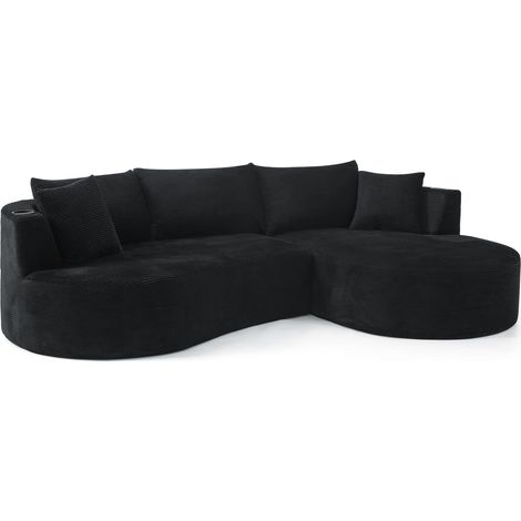 Divano 3 posti con chaise longue destra in tessuto a coste nero, portabicchieri e cuscini (1/5)