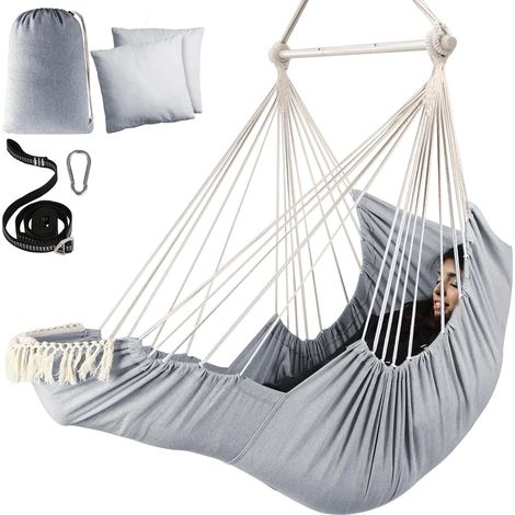 Sièges Suspendus Chaise Hamac Balançoire Suspendue Coussins de Repose-Pieds Sangle de Suspension Mousqueton Inclus,Barre d'écartement en métal Repliable Coton Doux tissé Poche latérale (1/5)