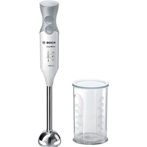 Bosch Stabmixer ErgoMixx MSM66110, Edelstahl-Mixfuß, Mix- und Messbecher, 2 Geschwindigkeitsstufen, leichtes Gehäuse, 4-Klingen-Messer, einfache Reinigung, 600 W, weiß/grau (1/5)