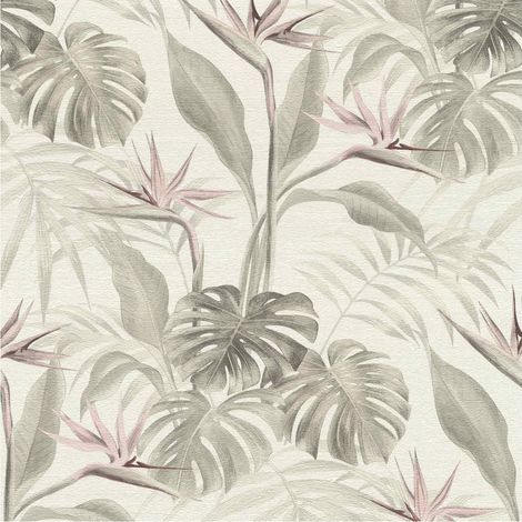 Tropical Palm Leaf Wallpaper Grey White Pink Paste The Wall Textured Vinyl (1/4)