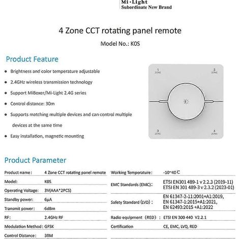 Télécommande rotative K0S, 4 zones 2,4 GHz, variateur LED blanc double avec 86 niveaux de réglage de la température de couleur et de la luminosité (1/5)