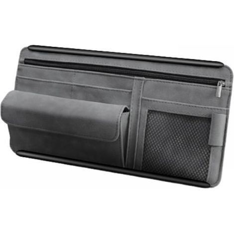 Organiseur de pare-soleil de voiture, carnet, cartes avec fermeture éclair en daim et rangement pour voiture (gris)