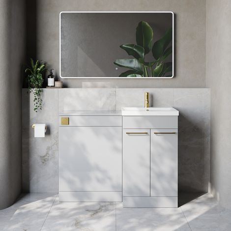 Napoli 390 Cento Gloss Grey Pearl 1100mm 2 Door Vanity Unit Toilet Suite with Glide Basin - 1100mm - Brushed Brass 160mm HandleWithout Kingston Toilet Pan