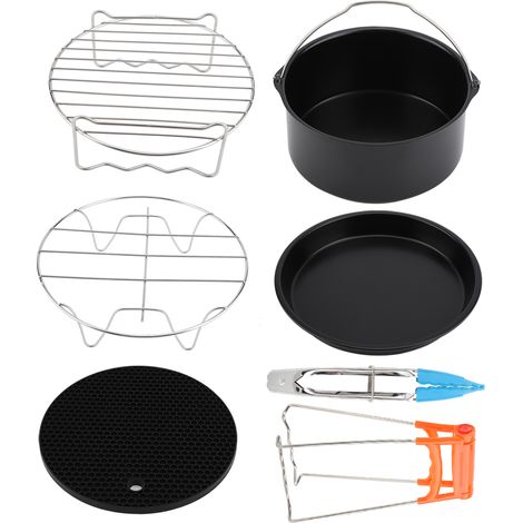 Kit d'accessoires pour friteuse à air chaud 7 pouces, 7 pièces/ensemble, support à pain, pizza et gâteaux en métal, pinces alimentaires (1/4)