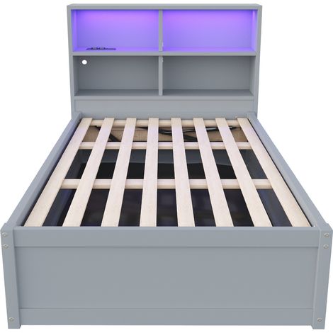 Letto multifunzione 90 x 200 cm grigio con vani contenitore, presa integrata e striscia LED (1/5)
