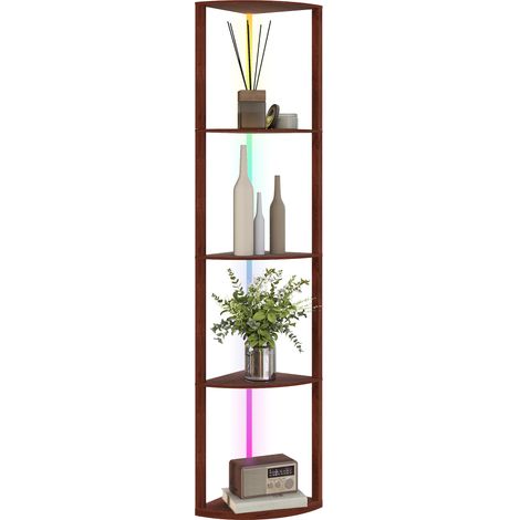 RGB LED Floor Lamp with Shelves, 5-Tier Dimmable Standing Lamp with Adjustable Brightness Remote Control, Modern Corner Display Shelf Unit for Living Room Bedroom Office, Brown (1/5)