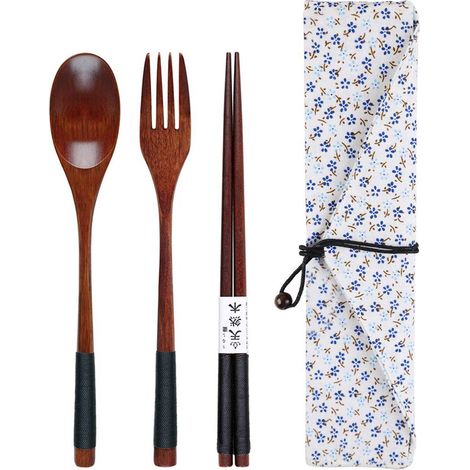 Couverts En Bois - Baguettes Cuillère Fourchette - Ensemble Réutilisable Pour Voyage Bureau Extérieur - Lot De 4 Pièces (1/5)