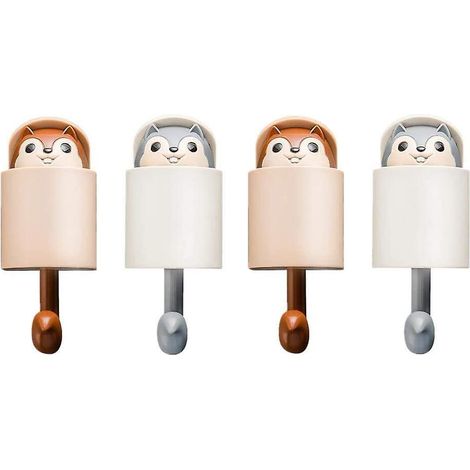 Set mit 4 selbstklebenden Haken in Form von Cartoon-Tieren zur Aufbewahrung von Schlüsseln und originalen Kleiderbügeln.