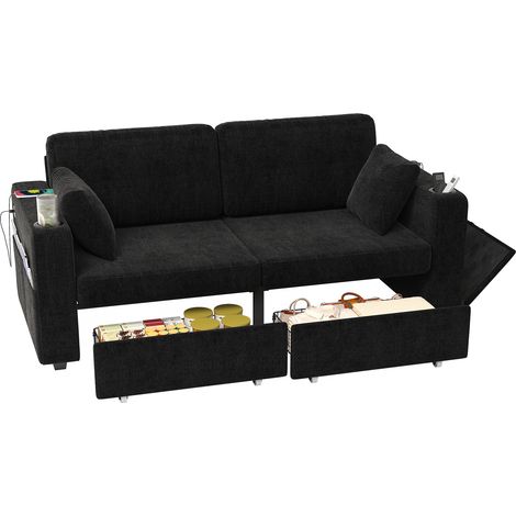 Canapé 2 places avec 2 tiroirs de rangement, ports USB, porte-gobelets et poches latérales, tissu noir, idéal petit salon gain de place  CHICFURN (1/5)