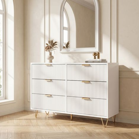 Commode 100x34x73cm chambre adulte - Meuble de Rangement 6 Tiroirs avec Motifs Vagues et Poignées Dorées - MDF et Métal - Blanc