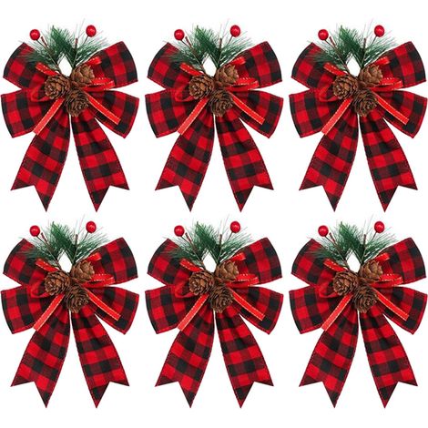 Ribbon Bow - Buffalo Plaid - Black Red - Polyester - For Christmas Tree Wreath Gift Wrapping - 6 Pieces (1/5)