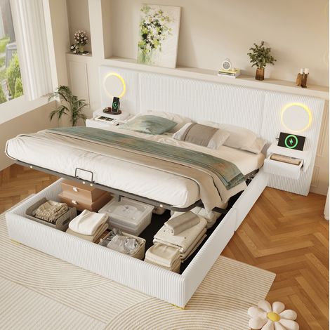 Cama tapizada 180x200 cm beige en terciopelo con LED, USB y almacenaje hidráulico (1/5)