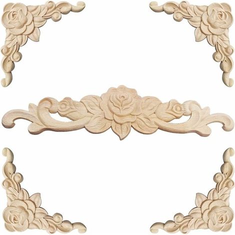 Modanatura decorativa in legno 5 pezzi Modanatura decorativa in legno intagliata Modanatura decorativa in legno Applique Modanatura Rosetta Decorativa intagliata in legno floreale Decalcomania Angolo 