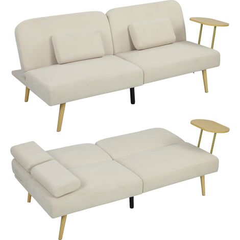 HOMCOM sofá cama de 3 plazas con mesa auxiliar, 3 en 1, con respaldo ajustable, apertura Clik-Clak, 2 almohadas para reposabrazos, 196x86x81 cm, beige