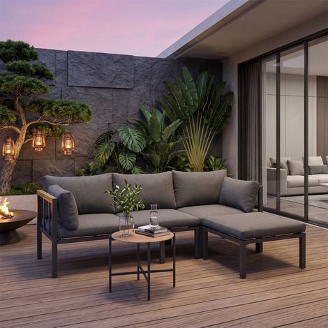 Garden furniture set, corner set, sofa + coffee table + footstool, galvanized steel tube, glass table top, suitable for gardens, swimming pools and other outdoor areas, grey