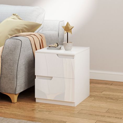 Comodino moderno con cassetti, frontale bianco lucido e cuscino, 40x40x48 cm, bianco