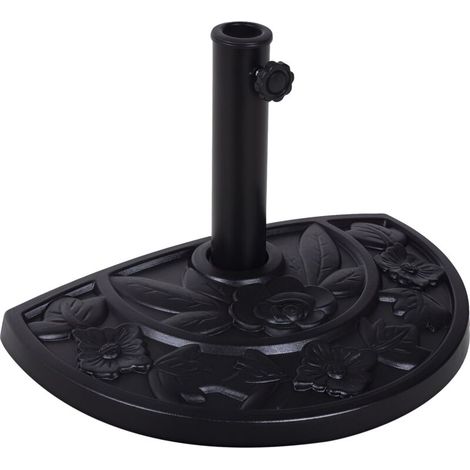 Base de lestage demi-cercle en résine aspect fonte, motif fleur, pour parasol. Pied lesté noir, dimensions 50x31x32 cm. Idéal pour stabiliser votre parasol. (1/5)