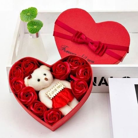 Coffret Cadeau Ours Rose Éternelle - 10pcs roses rouges - Poupée ours - Saint Valentin, Noël, cadeaux d'anniversaire (1/4)